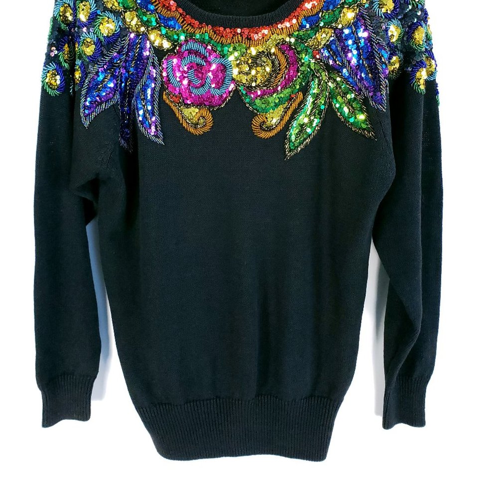 Vtg Lindsey Blake Sweater Women's S Black Multicolor Sequins Beads Wearable Art - Picture 2 of 11